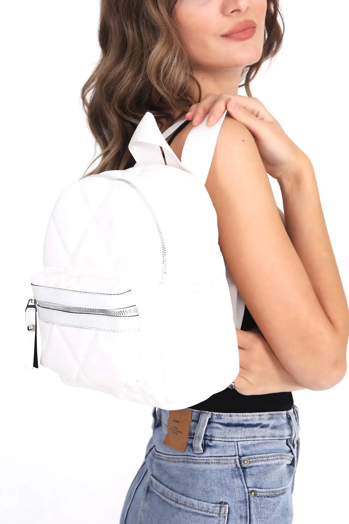 Women's White Quilted Pattern Backpack