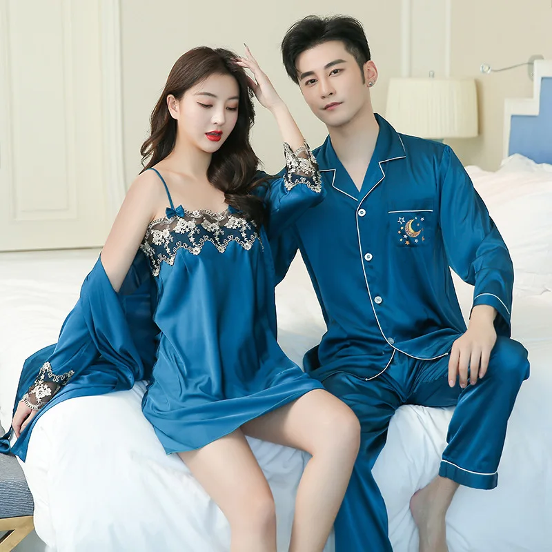 

Couples Nightwear Women Peacock Blue Home Clothes Homewear Lovers Satin Sleepwear Summer New 2PCS Casual Pajamas Suit