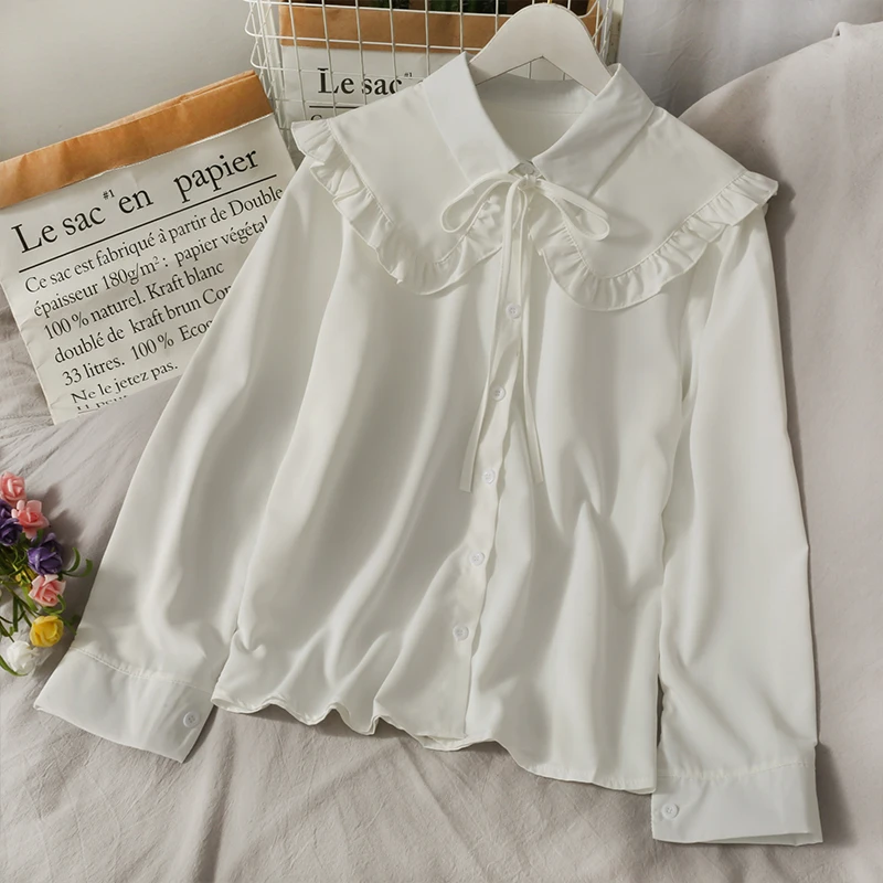 Shirts Women Long Sleeve Kawaii Peter Pan Collar Solid All-match Trendy Elegant Sweet Ruffles Casual Single Breasted Ulzzang New