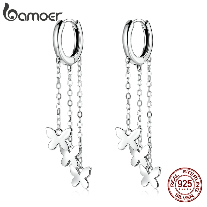 bamoer Real 925 Sterling Silver Tassel Butterfly Drop Earrings Buckle for Women Engagement Statement Fine Jewelry SCE1173