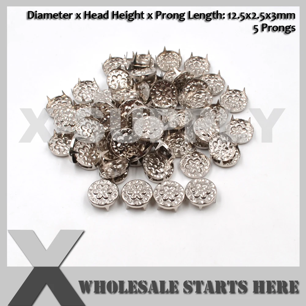 

12.5mm Punk Round Flower Silver Prong Studs With 5 Prongs for Leather Craft/Bag/Shoe/Clothing