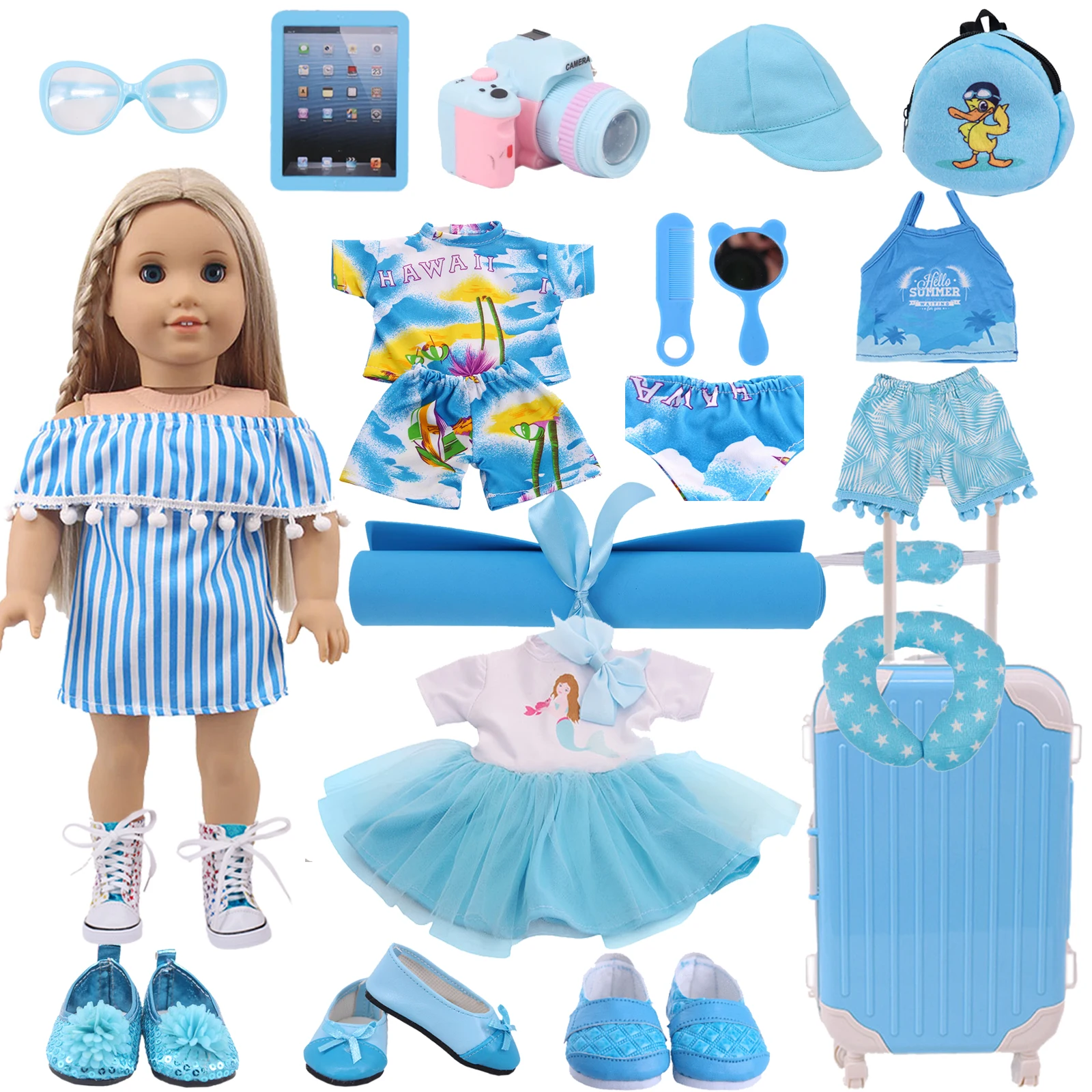 Doll Clothes Blue Series Skirt,Shoes,Suitcase Accessories Fit 18 Inch American Doll&43cm Reborn Baby Girls Toys,Generation Gift