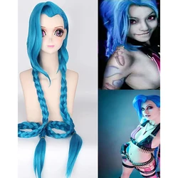 HAIRJOY Cosplay Lol Jinx 100cm długości niebieski z podwójnymi warkoczami Halloween kostium Anime peruka odporna na ciepło włosy syntetyczne