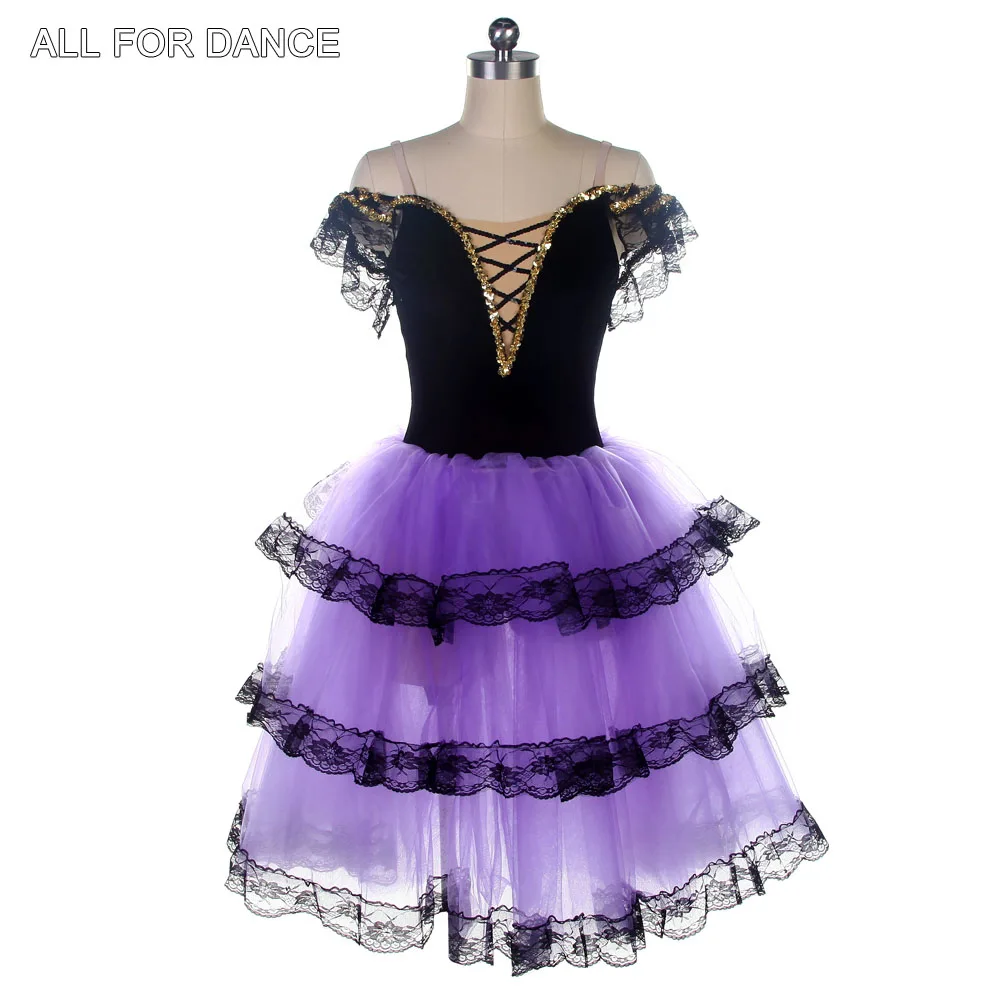 20511 Black Velvet Top Bodice with Purple Long Romantic Tutu Skirt Adult Girls Stage Performance Tutu Costumes