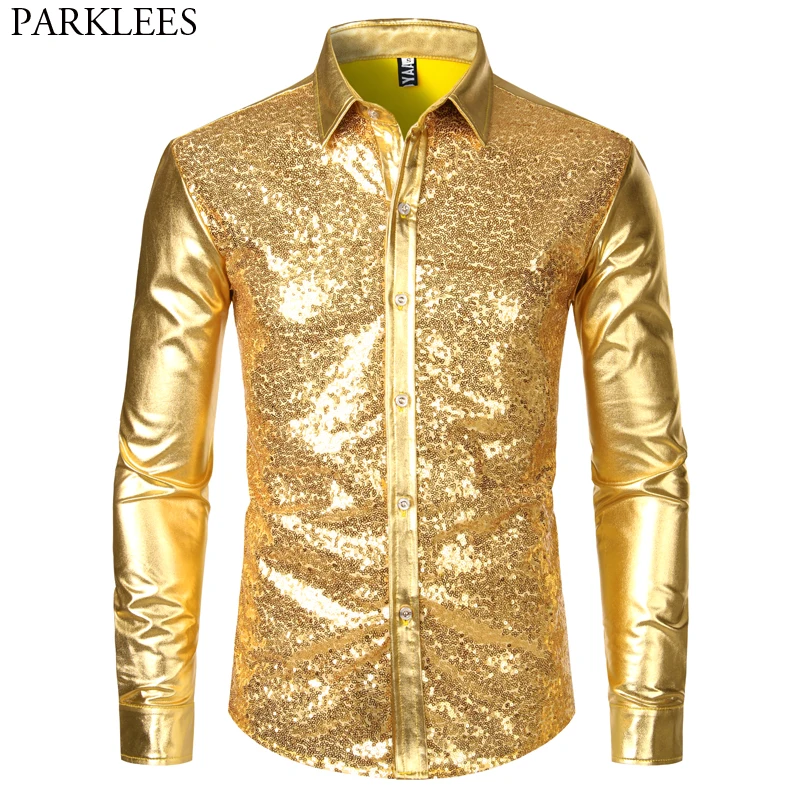 Men's Disco Shiny Gold Sequin Metallic Design Dress Shirt Long Sleeve Button Down Christmas Halloween Bday Party Stage Costume