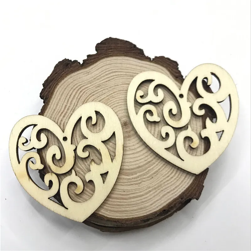 100PCS 50MM DIY Hollow LOVE Heart Wooden Chips Decorative Embellishments Crafts Scrapbooking Supplies Hand-made Wood