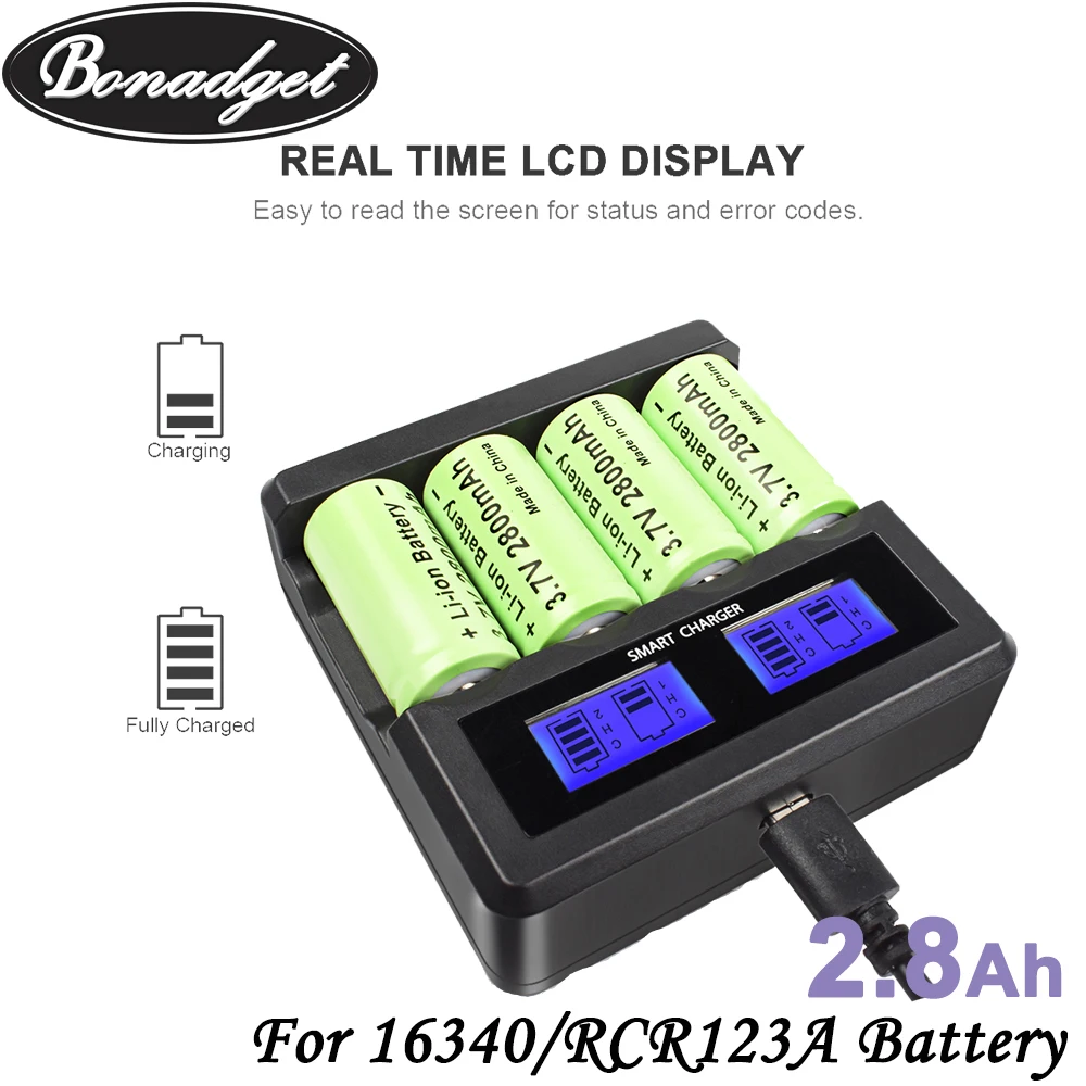 Bonadget 3.7V 2800mAh Li-ion For 16340 Battery CR123A Rechargeable Batteries CR123 for LED Flashlight Cell,Security Camera