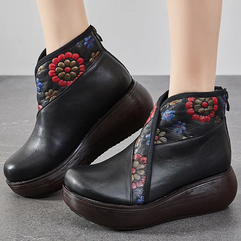 GKTINOO Autumn Winter Shoes Women Boots Genuine Leather Round Toe Retro Print Zip Sewing Handmade Concise Platform Boots