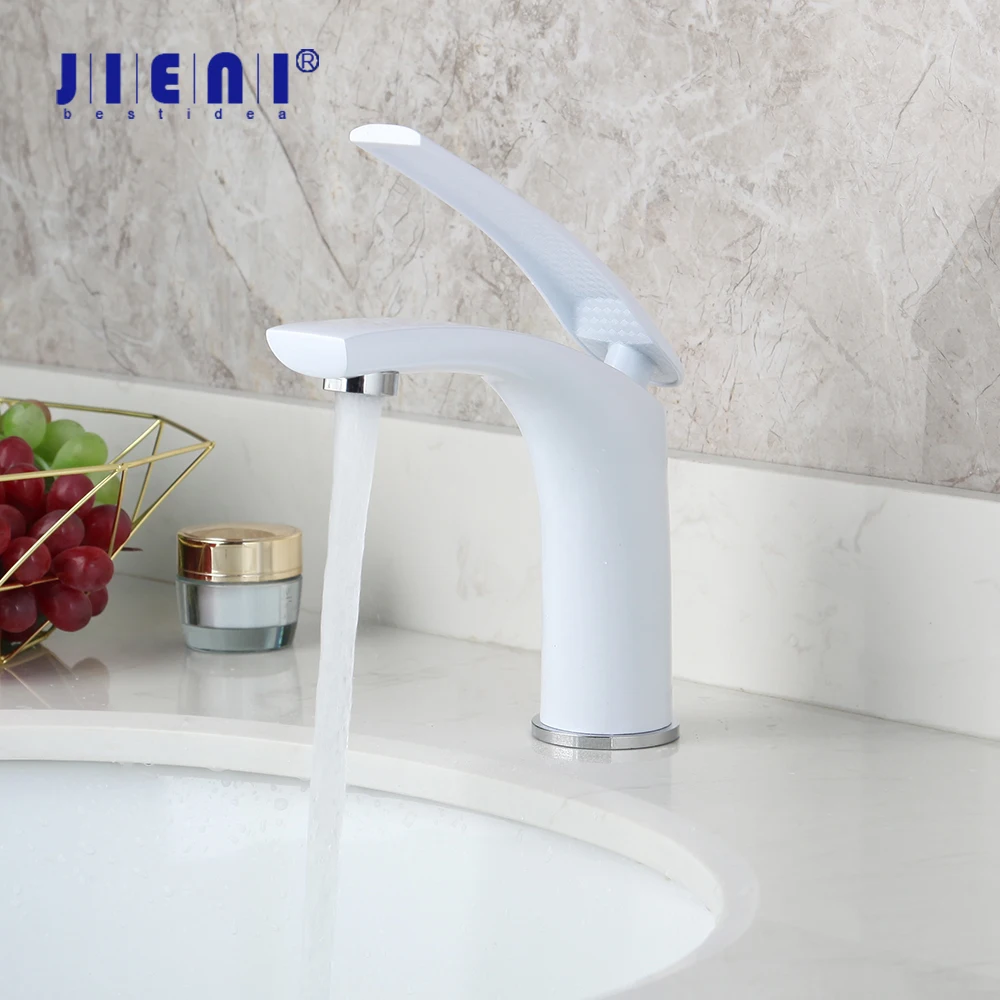 

JIENI Polished White Bathroom Faucet Water Mixer Tap Single Handle Bathroom Basin Sink Mixer Tap Stream Spout Basin Tap