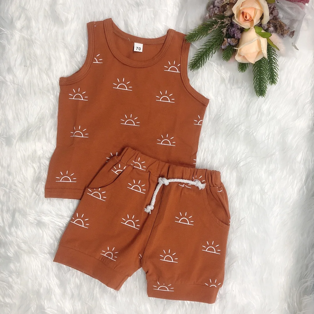 Vêtements d\'été en coton doux pour bébés garçons et filles de 0 à 3 ans, 2 pièces, imprimé soleil, fibrTop, glaçage, shorts, ensemble de tenues, 2021