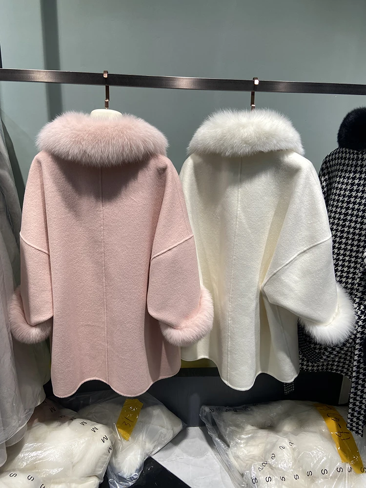 Women Autumn Double Side Woolen Fox Fur Collar and Cuff Decoration Woolen Oversize Loose Girl\'s Woolen Coat