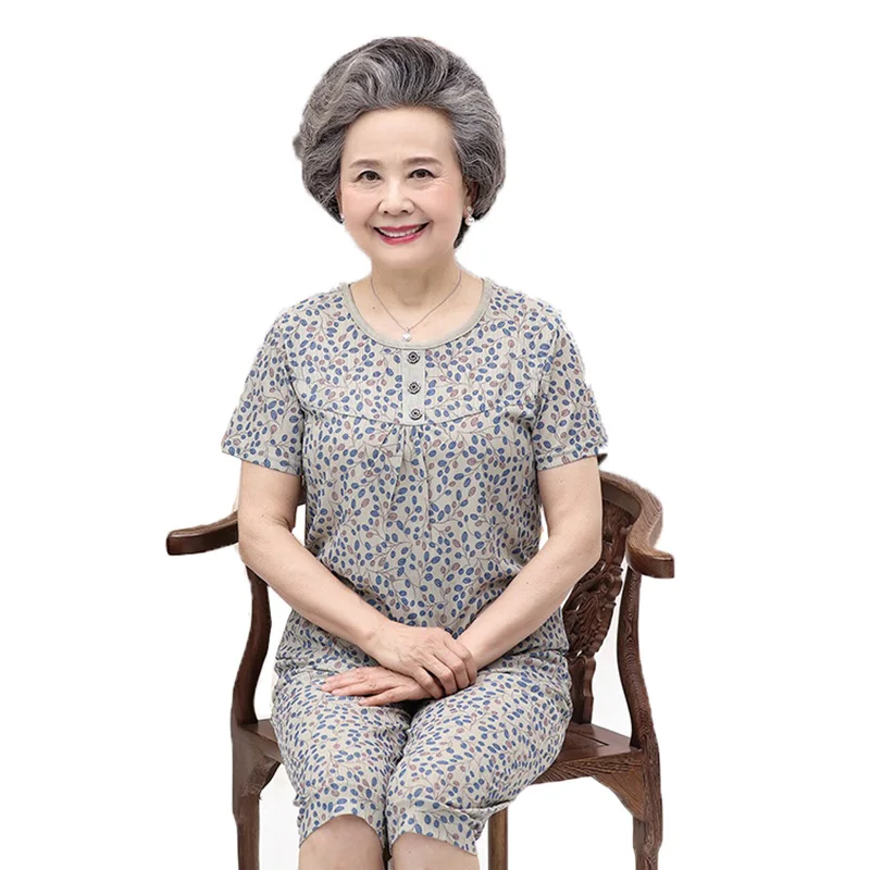 

Middle-aged and Elderly Women's Suits Vintage Print T-shirt Tops & Seven points Pants 2 Pcs Sets Grandma Summer Clothing 4XL