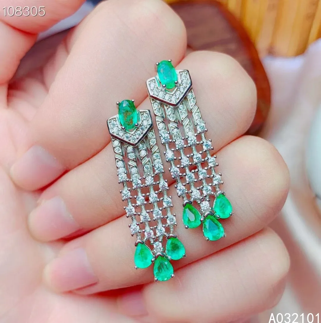 

KJJEAXCMY fine Jewelry 925 Sterling Silver Natural emerald Girl new lovely earring eardrop Support Test Chinese style