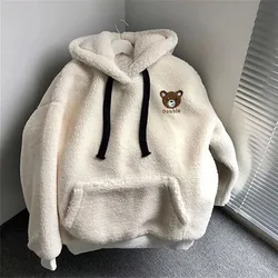 Warm Cartoon Bear Embroidery Print Fluffy Hoodies Pullover Sweatshirts Loose Hooded Tops 2023 Autumn Winter Women Plush Hoodies