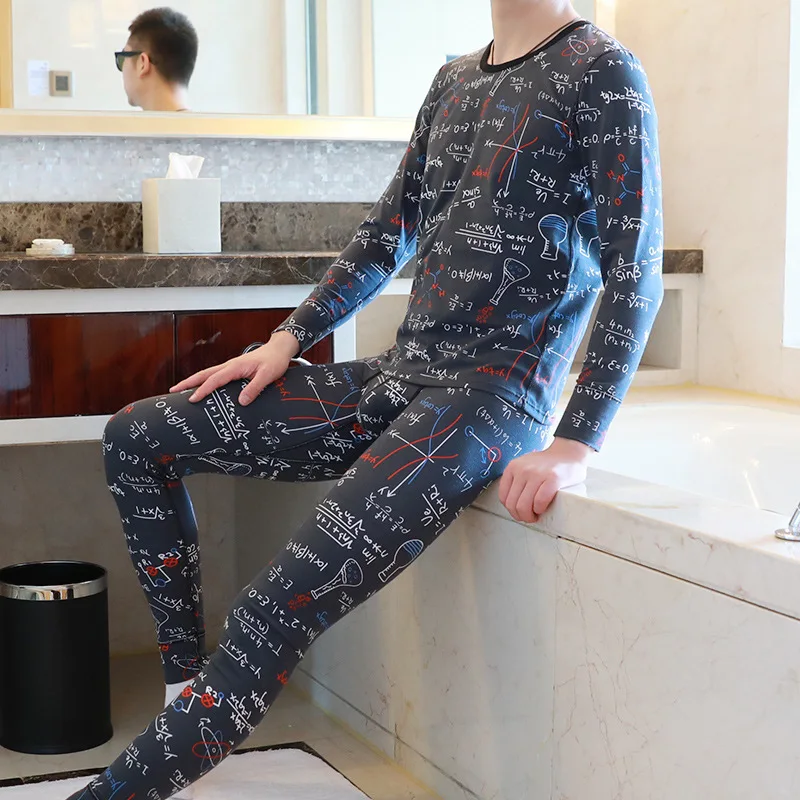 Winter Men Long Johns Cotton Printed underwear Men Thermal Underwear Set Men's Long John Set