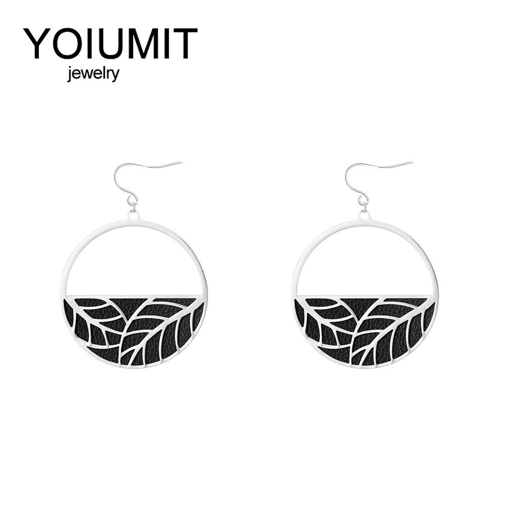 Yoiumit 2021 New DIY Stainless Steel Earring For Women Interchangeable Leather Argent Round Drop Earring Hanging Dangle Earrings