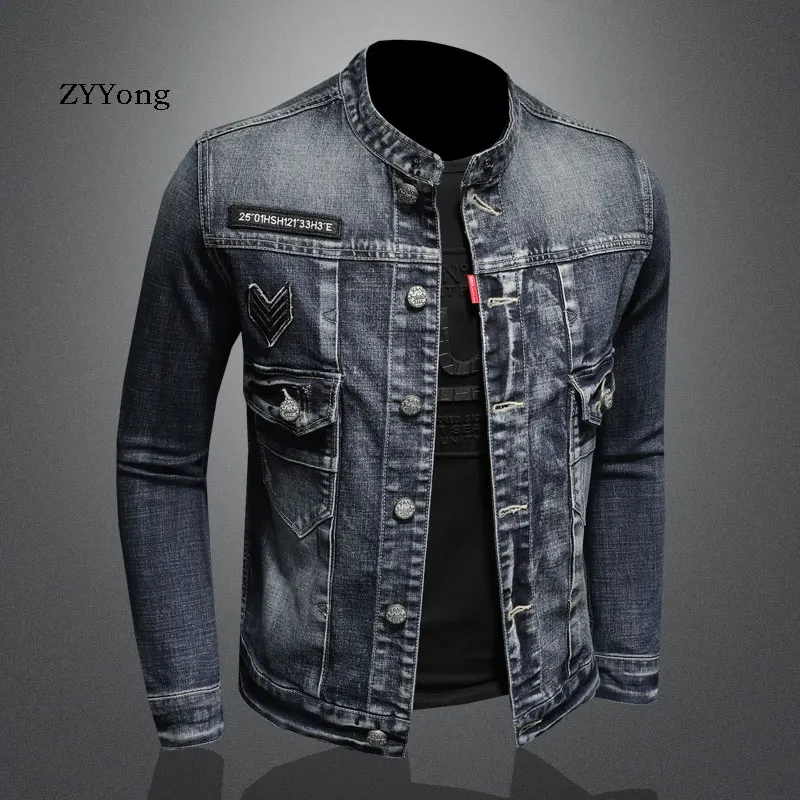 Mùa Xuân Mới Phong Cách Châu Âu Cổ Áo Đứng Điện Đơn Phi Công Lái Máy Bay Ném Bom Xanh Denim Áo Khoác Nam Áo Khoác Jean Xe Máy Quần Áo Thông Thường