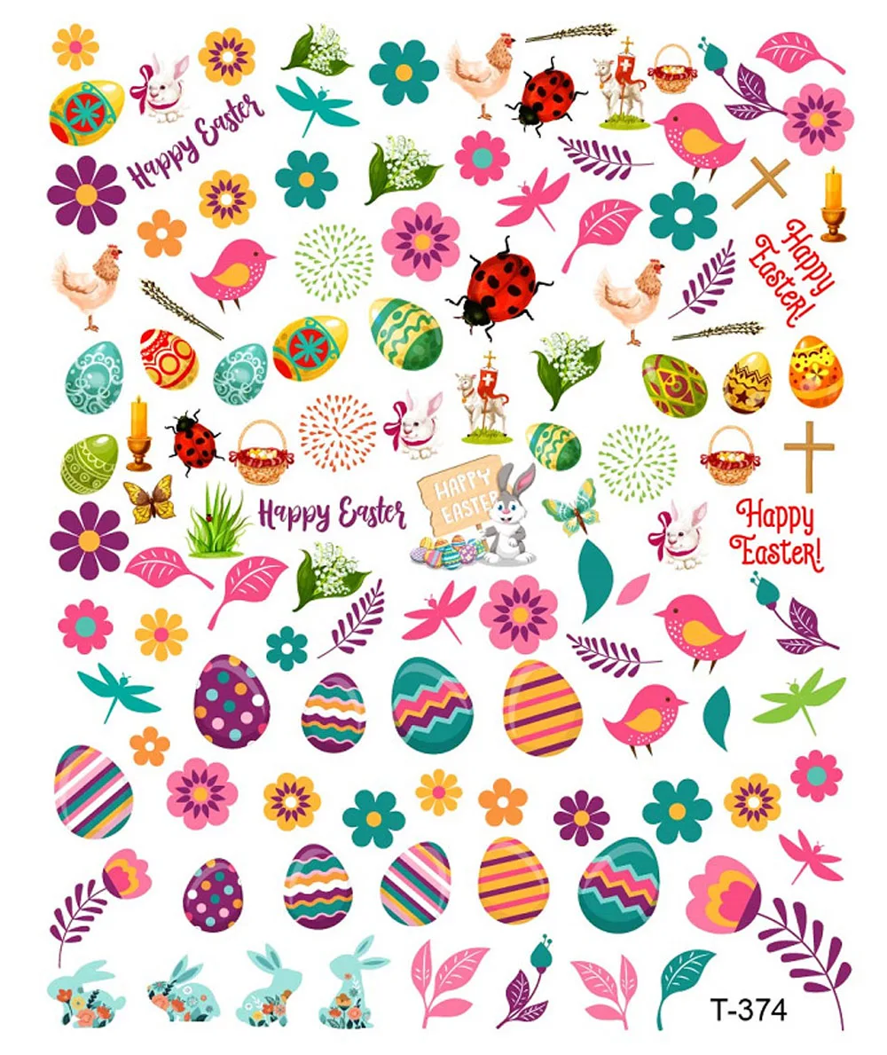 Autocollants Happy Easter Day Nail Art, décalcomanies auto-adhésives, lapin mignon, œuf de Pâques, canard, croix, curseurs d\'ongles, 10x8cm, 1PC