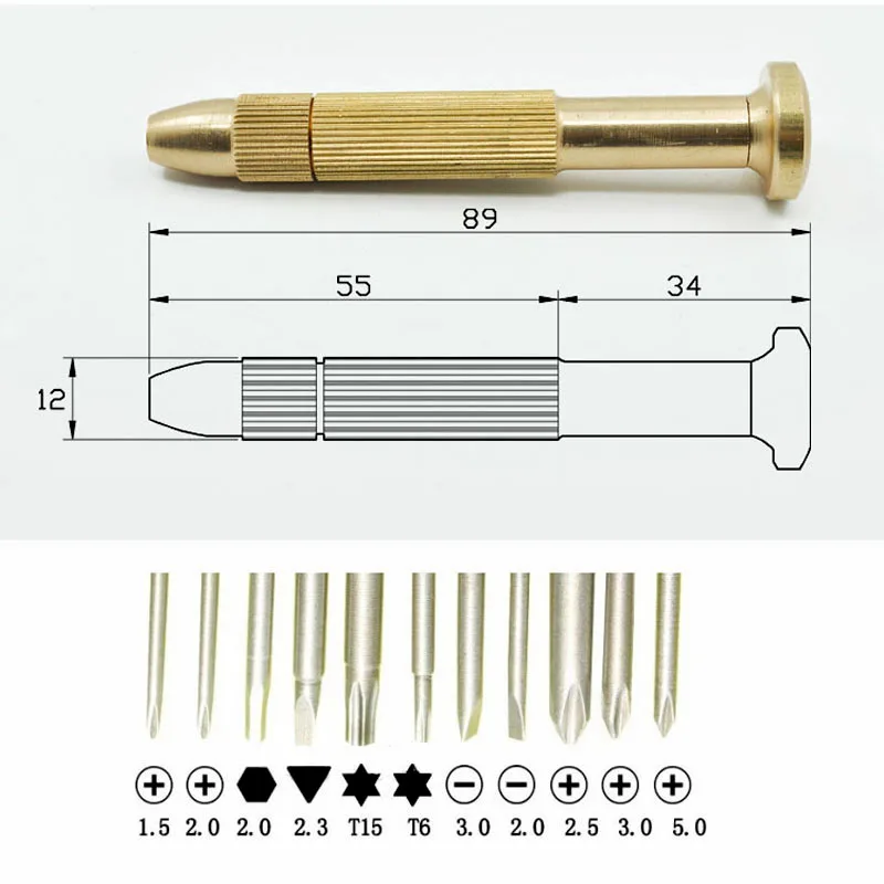 11in1 1.5-5mm Phillips Slotted Screwdriver Triangle Hex Brass Handle Screwdrivers set Torx T6 T15 Screwdriver Repair Tool Kit