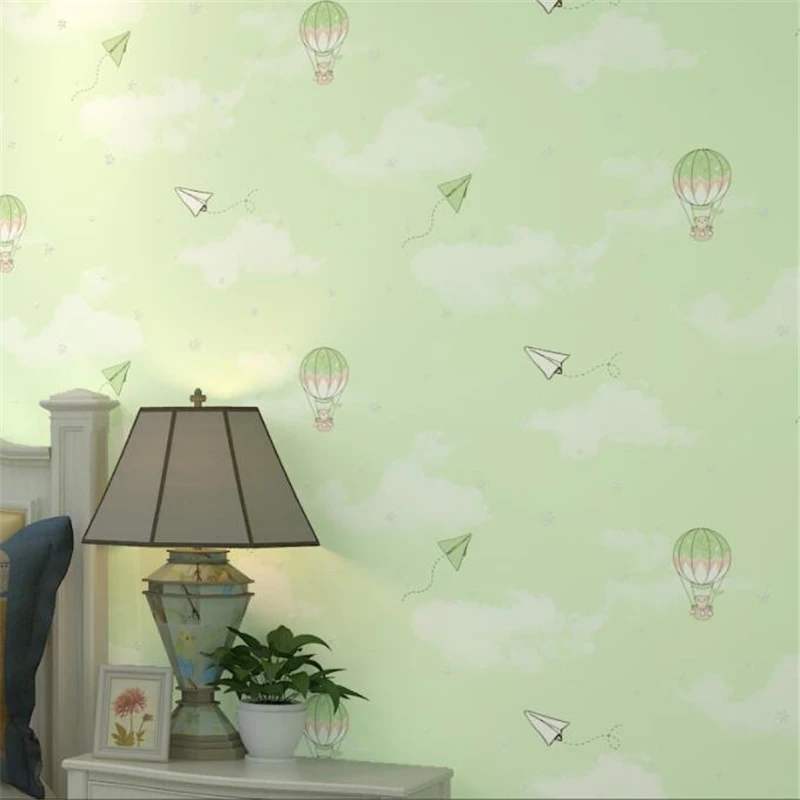 

Cartoon hot air balloon green children's room non-woven wallpaper pink girl boy bedroom bedside background wallpaper BEIBEHANG