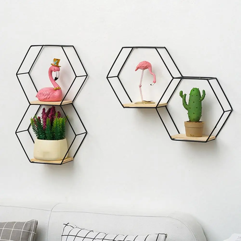 Nordic Hexagonal Iron Storage Stand Small Pot Wall Holder Home Shelf Storage Holder Contracted Design Decorative Shelves for