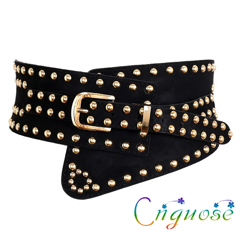 Rock Punk Style Black female Asymmetrical Rivets Fashion Waistband Waist Retro Wide Belt Wide Girdle Womens