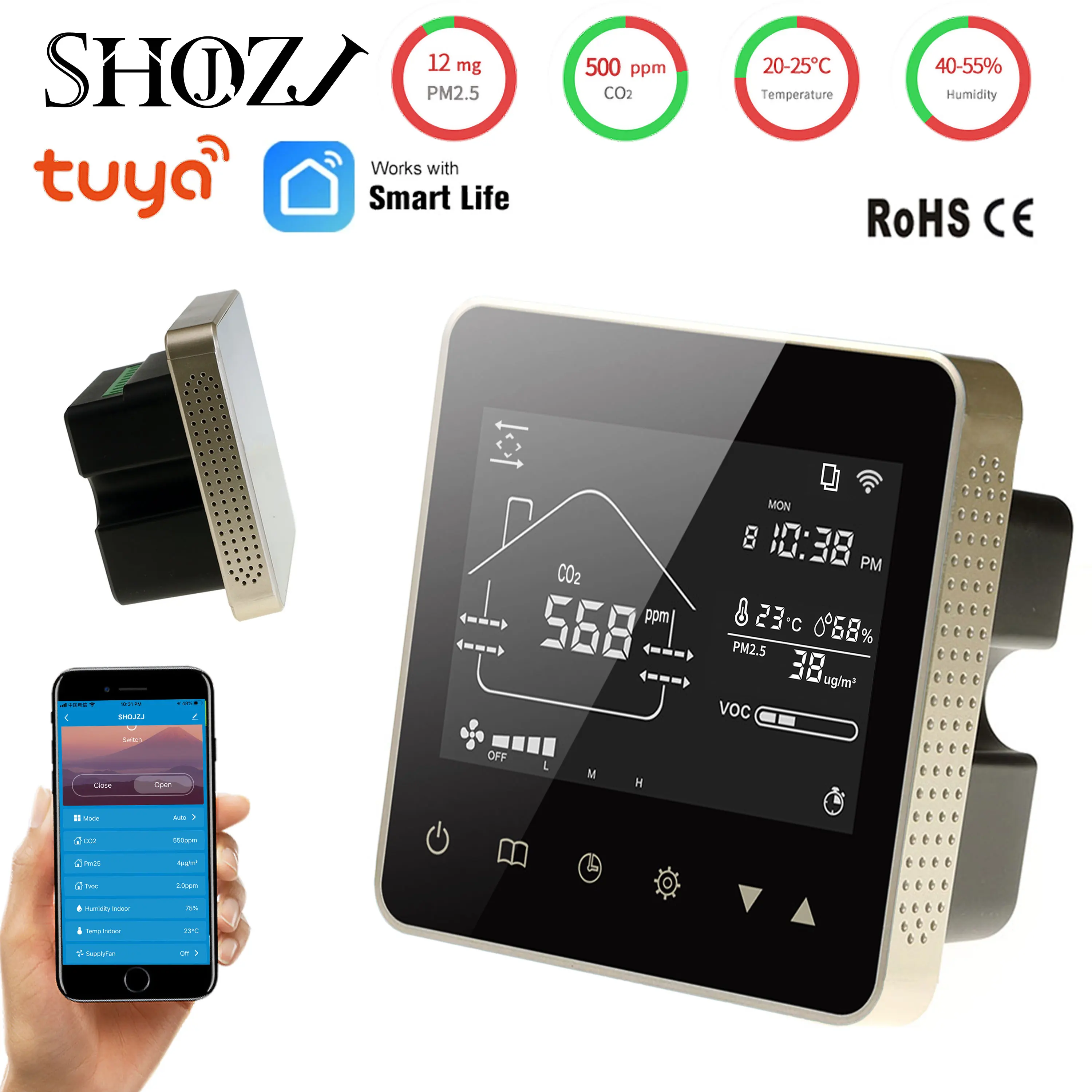 SHOJZJ WIFI RS485 MODBUS Detector VOC Temp Humidity and CO2 PM2.5 Sensor for Fan Control TUYA APP Remote Monitoring 4 IN 1