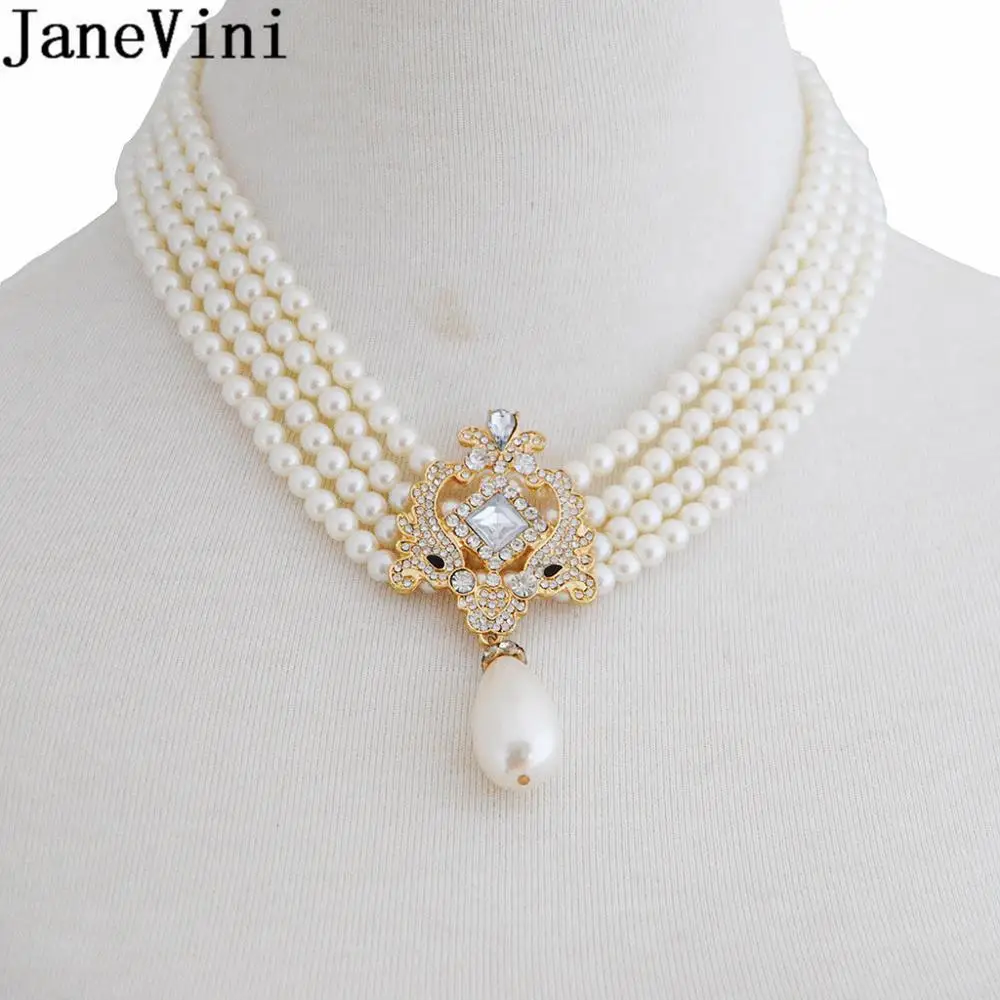 JaneVini Bohemia Crystal Pearl Bride Necklace Fashion Women Prom Banquet Dinner Party Necklaces Neck Wedding Accessories 2020