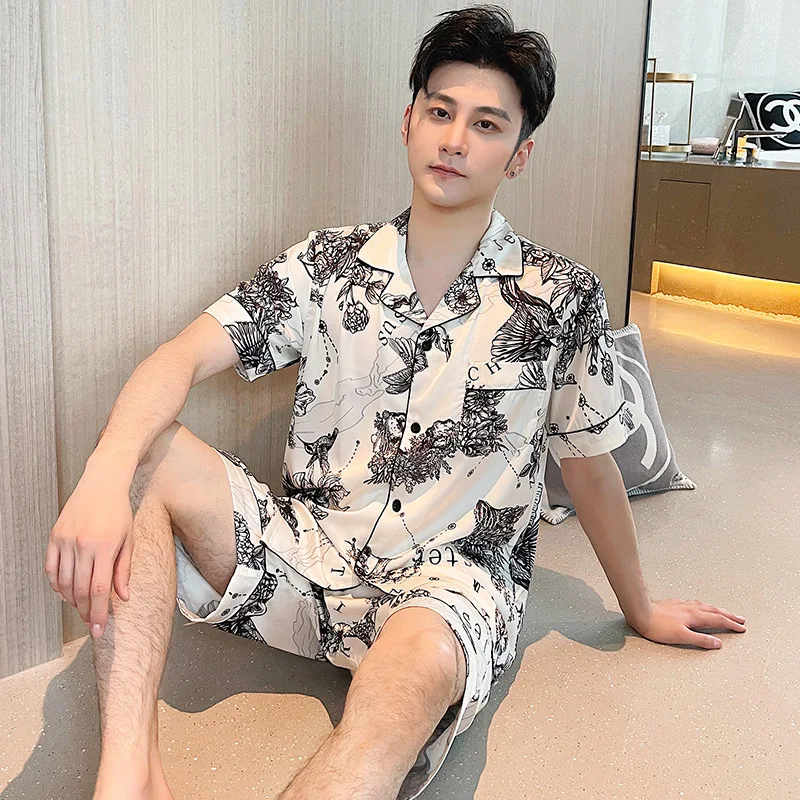 

Ice Silk Short Sleeve Shorts Lovers Pajamas Suit Sleepwear Summer Thin Satin Men Women Pijamas Suit Print Loungewear Home Wear