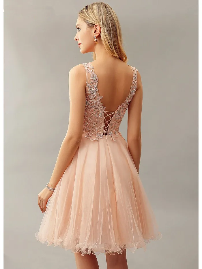 Blush Homecoming Dresses A-line V-neck Knee Length Organza Appliques Lace Beaded Cocktail Dresses