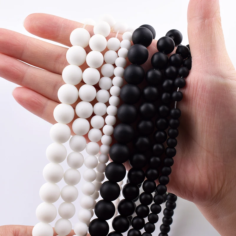 Natural Stone White Black Dull Polish Matte Onyx Agates Smooth Round Beads for Jewelry Making DIY Bracelet 15