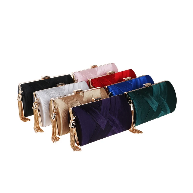 Bolso de mano de lujo para mujer, bolsa de noche de satén dorado con borla, bolso de mano nupcial para boda, bolso de hombro con cadena