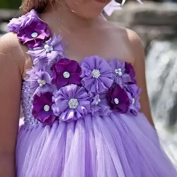 Cute Girls Purple Flower Tutu Dress Kids Single Strap Tulle Dress Ball Gown with Hairbow Children Wedding Party Costume Dresses