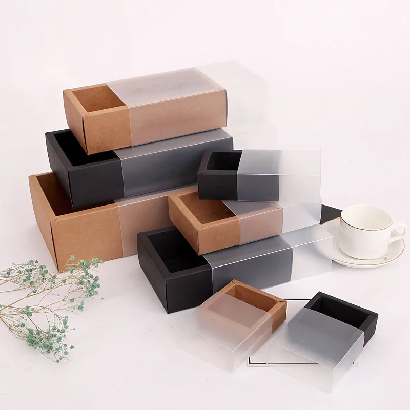 10Pcs Kraft Paper Packing Box With Transparent PVC Window Black Delicate Drawer Display Gift Box Wedding Cookie Candy Cake Boxes