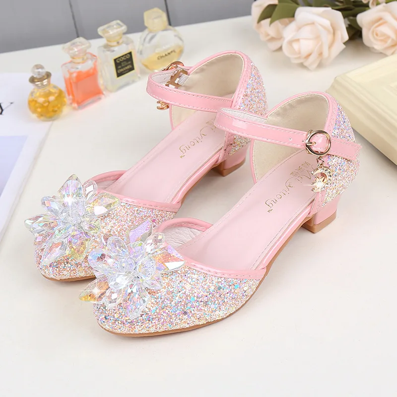 New Princess Kids Leather Shoes Crystal Flower Casual Glitter Children High Heel Girls Banquet Party Shoe Student Buckle Sandals