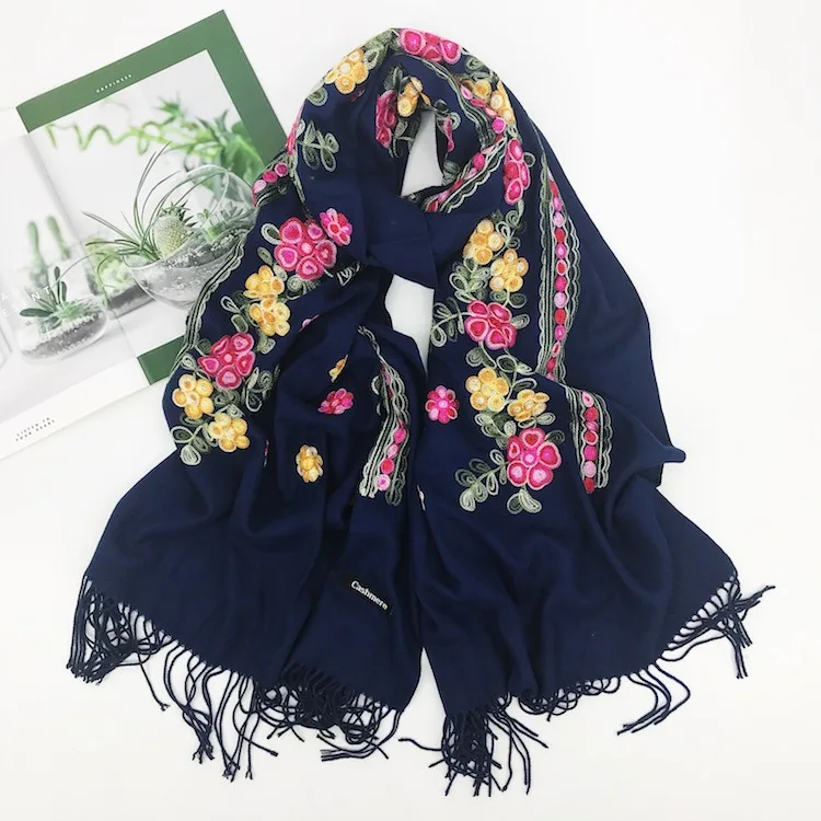 Luxury Brand Scarf Thick Winter Women Scarf Warm Cashmere Plum Blossom Embroidery Tassel Shawl Wrap Blanket Hijab Scarf Pashmina