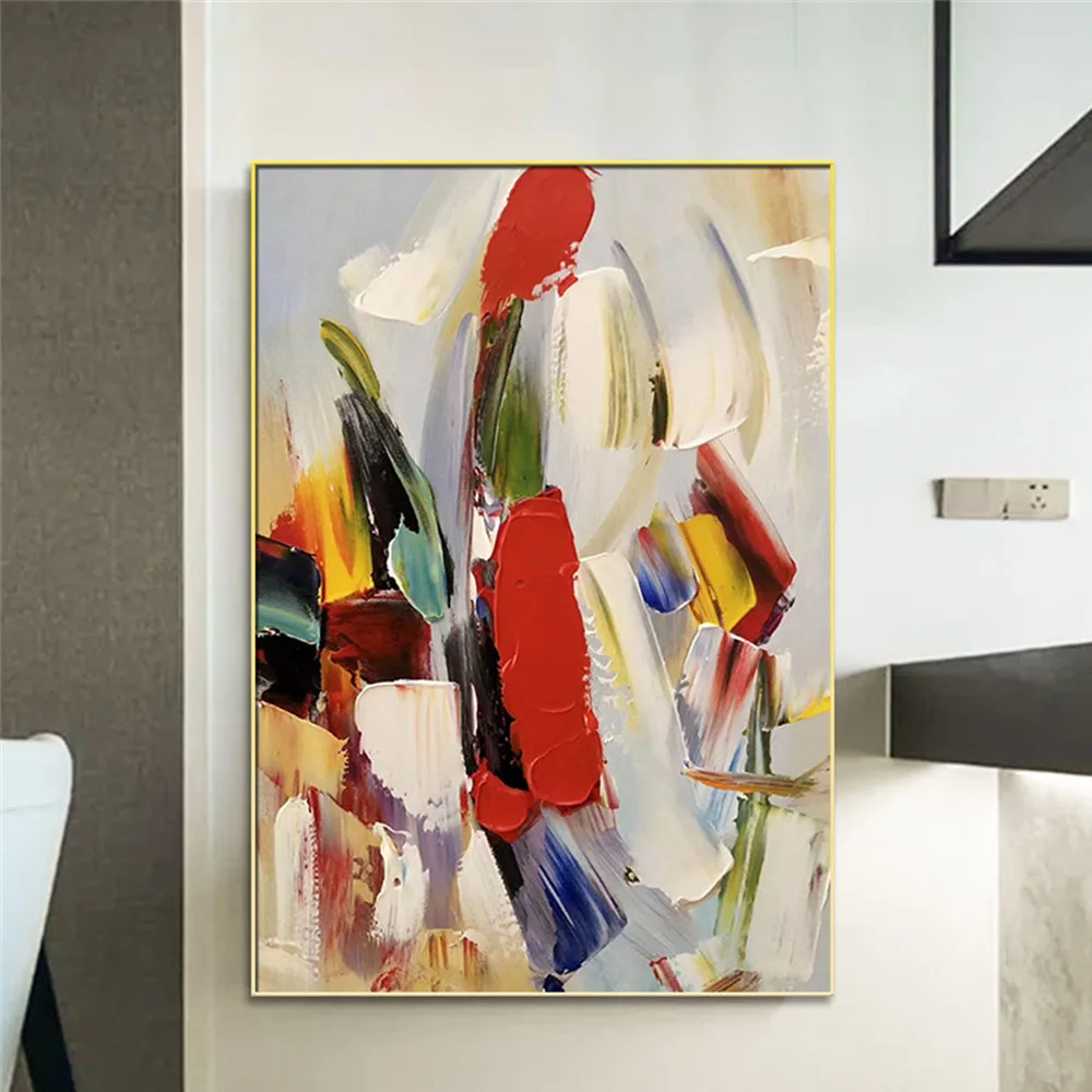 

Handmade Newest Modern White Red Blue Mural Poster Colorful Abstract Style Thick Oil Paintings On Canvas Home Decor Wall Art