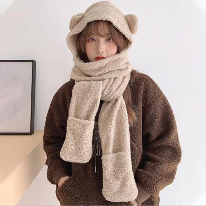 New Cute Bear Ear Hat Scarf Gloves Set Women Winter Novelty Caps Warm Plush Hats Casual Solid Fleece Girl Party Accessories