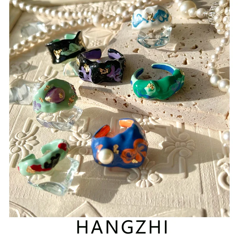 HANGZHI 2021 جديد عصري كلاسيكي اللون اليدوية بالتنقيط الصقيل لا تتلاشى افتتاح خواتم للنساء بنات حفلة مجوهرات الأزياء كول هدايا