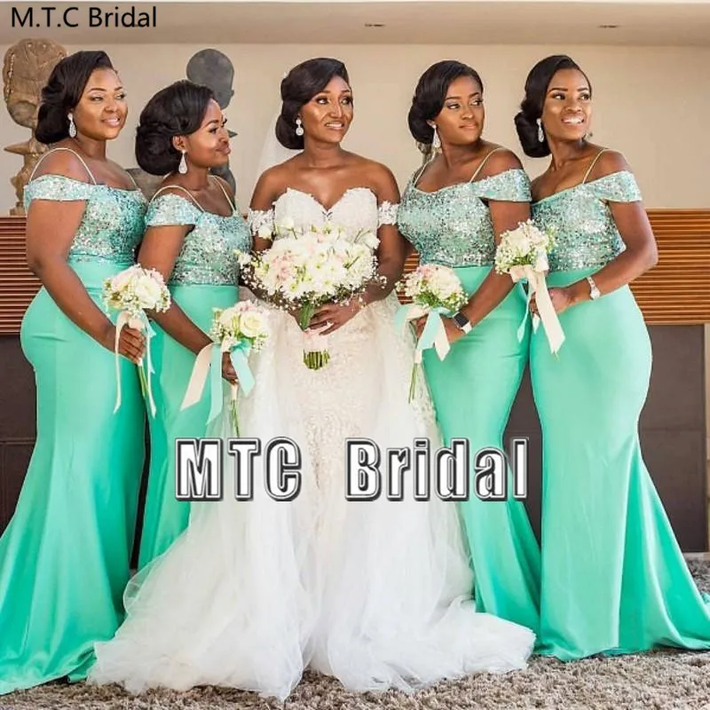 

Mint Green Long Bridesmaid Dresses For Black Women Spaghetti Straps Mermaid Sequin Satin Formal Wedding Party Gowns Plus Size