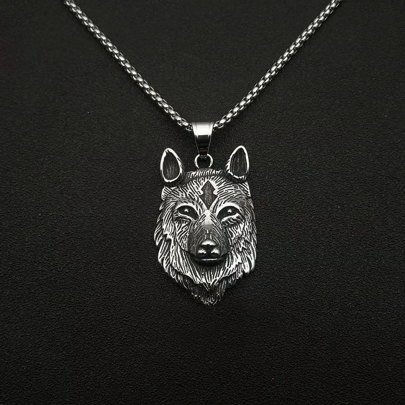 Vintage Mens Viking Pendant Necklace Wolf Head Punk Fashion Stainless Steel Viking Wolf Head Necklace Pendant Jewelry Chain