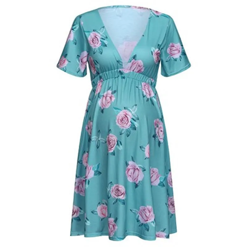 2020 vestidos de verão das mulheres grávidas solto floral praia boho vestidos de manga curta feminino mini wear senhoras v-neck flor vestido