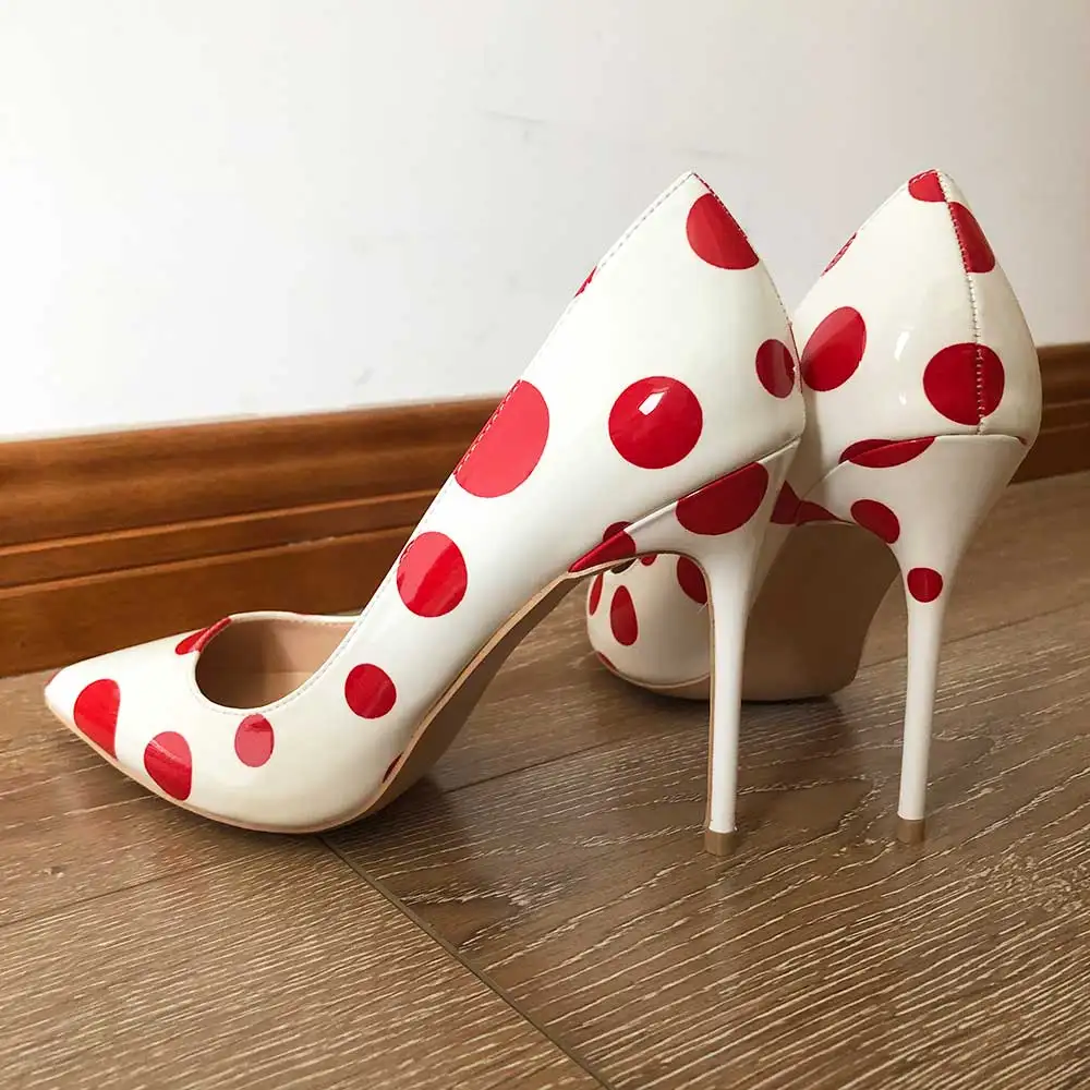 Veowalk Red Polka Dot Women Patent Leather Pointy Toe Stiletto High Heels Chic OL Ladies Slip On Pumps Printed Party Shoes White