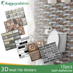 Kaguyahime-papel tapiz autoadhesivo 3D, pegatinas de pared con patrón de piedra, ladrillo, impermeable, para cocina y sala de estar, 10 unidades por lote