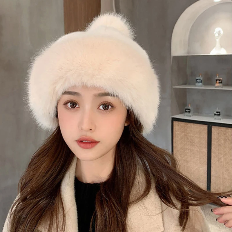 HT4004 Faux Fox Fur Hat Women Thick Warm Russian Cap Female Cute Fashion Winter Hat Windproof Snow Ski Cap Russian Hat Ushanka