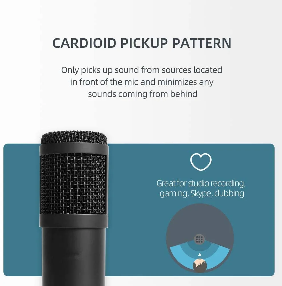 Microfono per PC Podcast in streaming USB, kit microfono a condensatore cardioide da studio professionale da 192 kHz/24 bit con shock per braccio con scheda audio