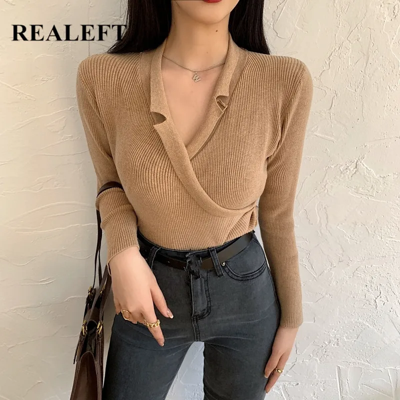 REALEFT 2021 New Ladies Knitting Tops Fashion V Neck Long Sleeve Solid Color Elegant Women's Sweaters Pullovers Autumn Winter