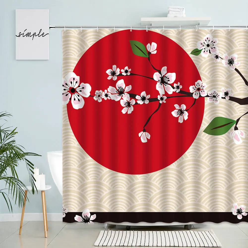 Japanese Floral Shower Curtain Cherry Blossom Peach Flower Branch Leaf Red Sun Bathroom Waterproof Polyester Screen With Hooks