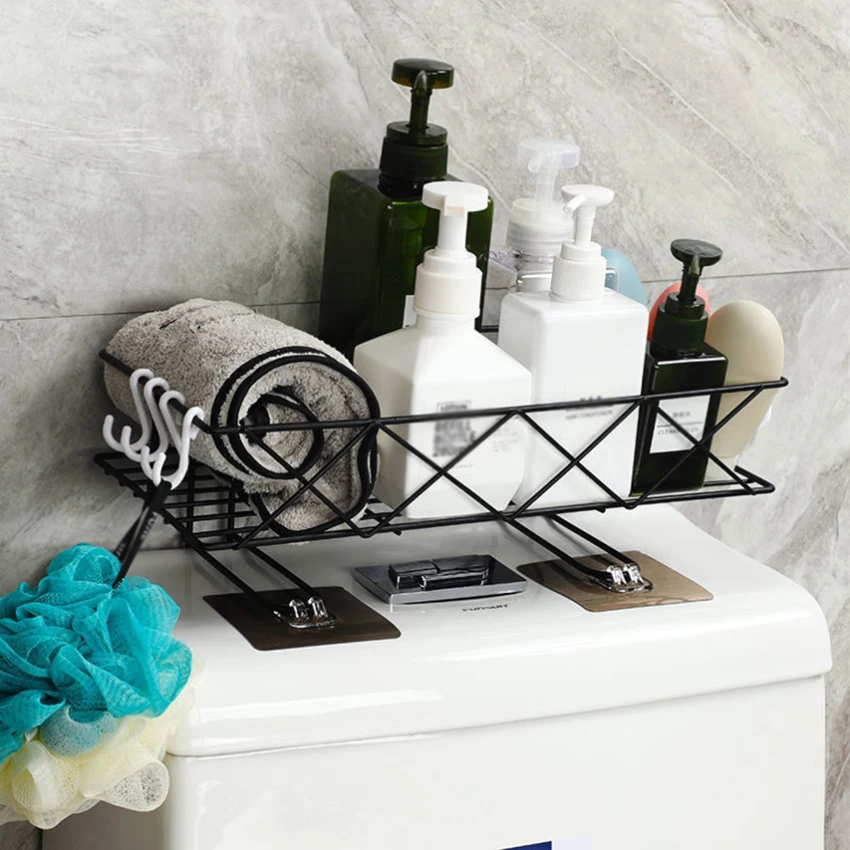 Wall-mounted Iron Storage Rack, Bathroom Shelf, Above Toilet Water Tank, Hook Organizer, Heavy Duty, Kitchen