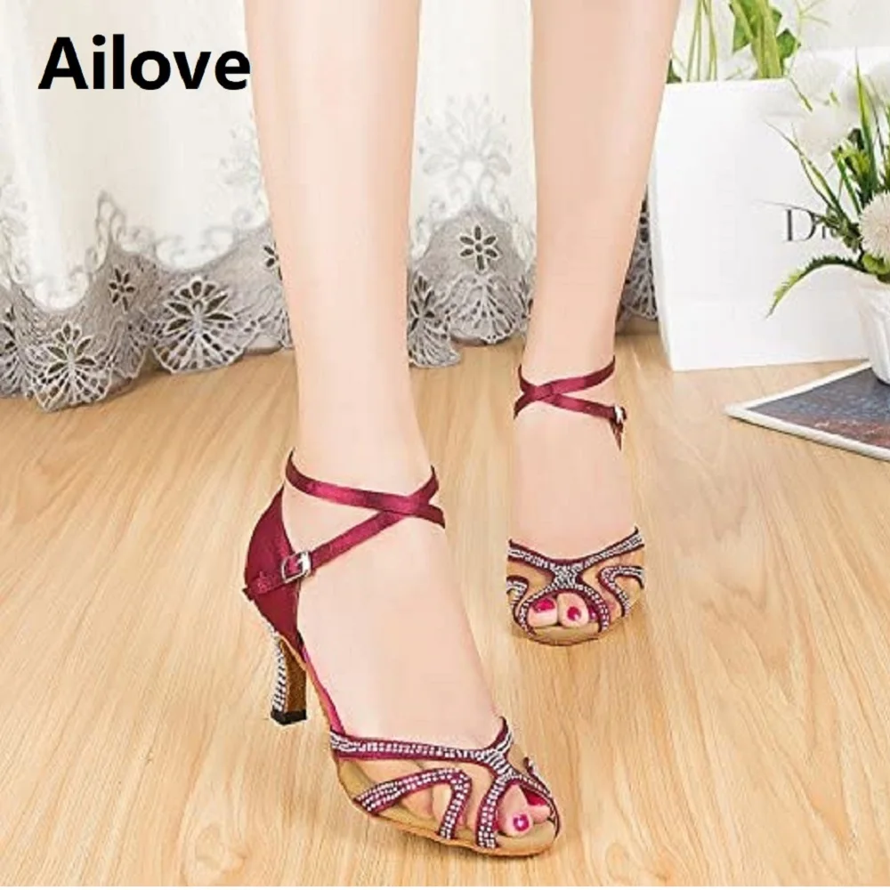 Zapatos de baile de salón con diamantes de imitación para mujer, Salsa latina, Bachata, zapatos de baile de rendimiento, suela de gamuza suave,